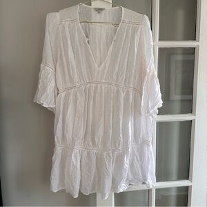 Lucky Brand White Swiss Dot V-Neck Tiered Peasant Dress/Cover Up